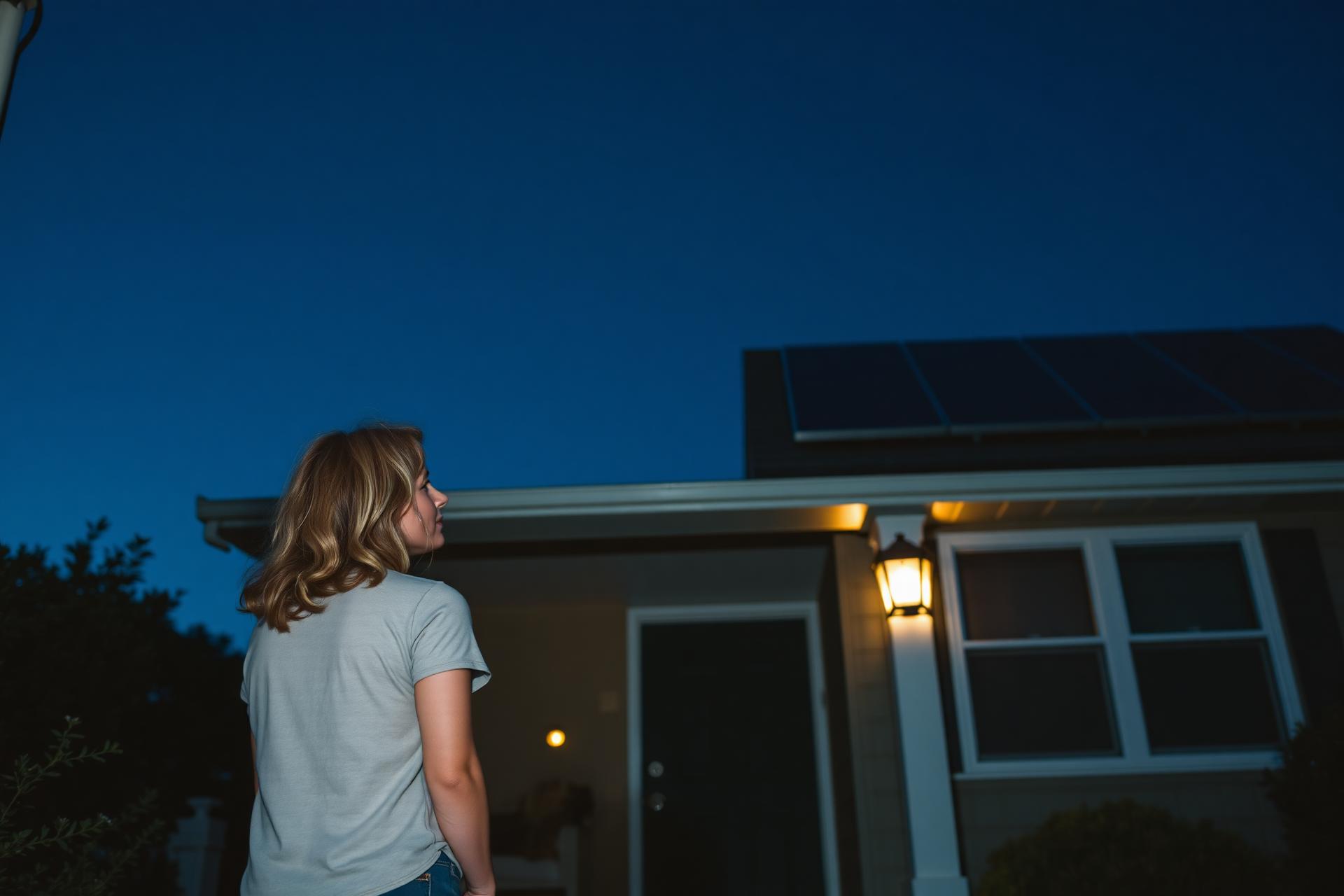 Homeowner standing outside her home at dusk, looking thoughtfully at her rooftop solar panels